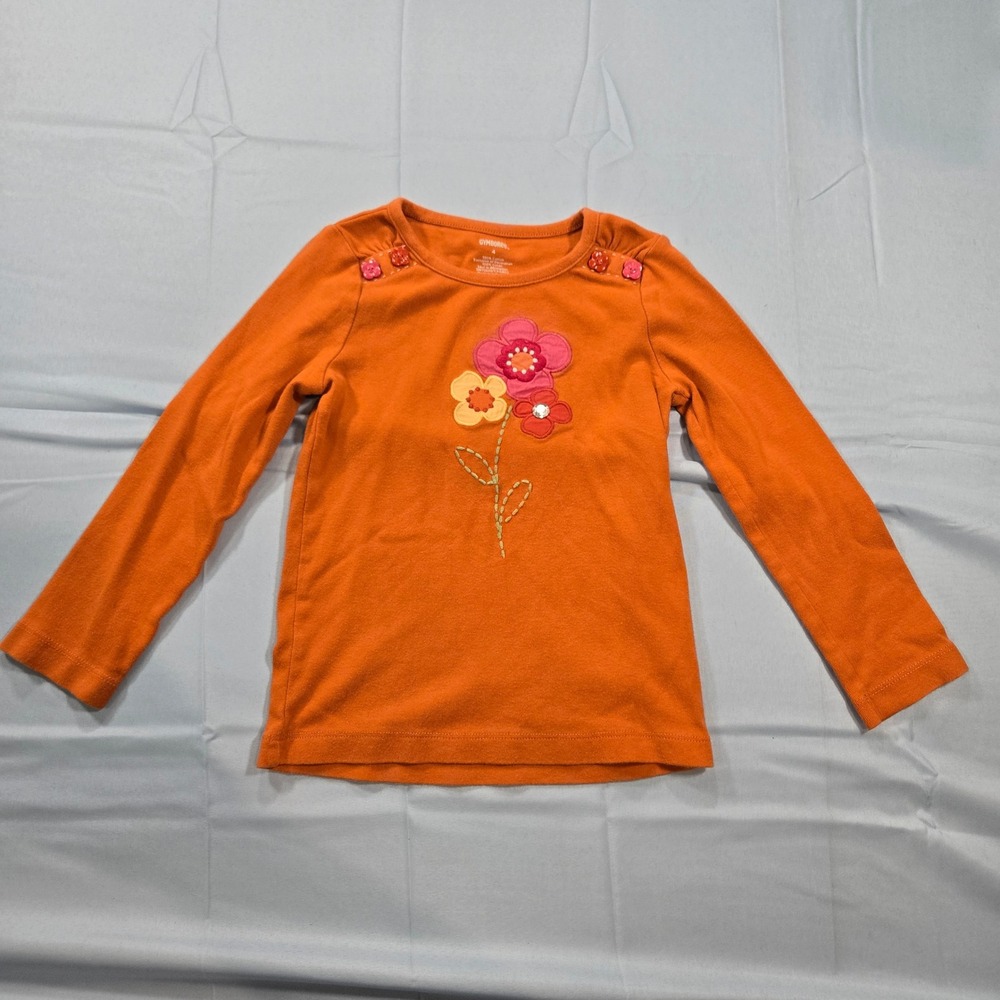 Gymboree Toddler Girls Orange Floral Applique Long Sleeve Cotton Shirt Size 4 - Picture 2 of 7